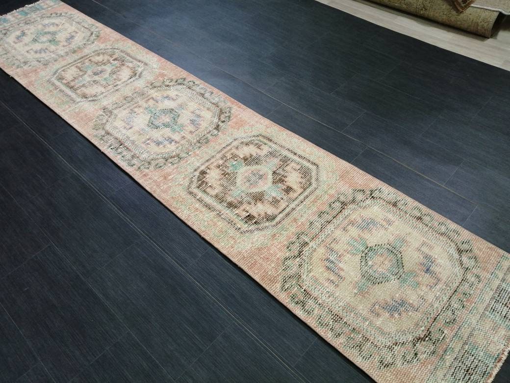 Muted Oushak Runner Rug 2.2 x 11 Vintage Runner Rug Distressed Hallway Runner Rug Turkish Kitchen Runner Rug Antique Wool Runner Rug