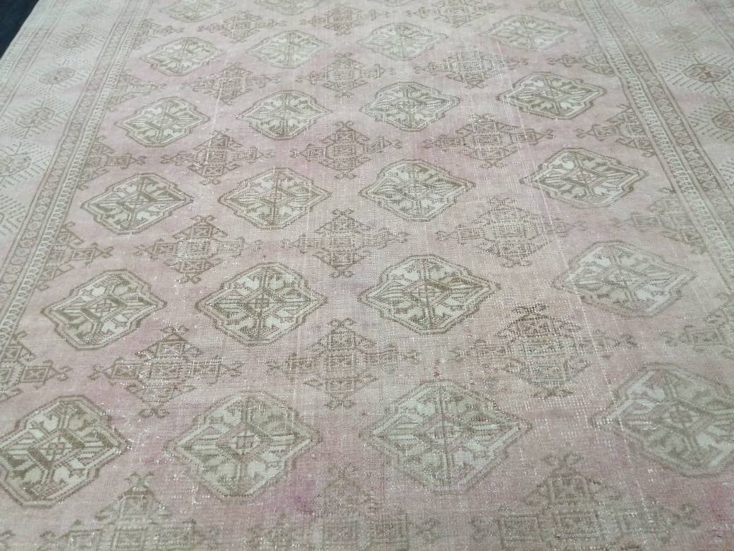 VINTAGE RUG 9 x 6.2 soft Pink Oushak Rug Vintage Light Pink Rug Hand Knotted Rug Wool Oushak Rug Hand Made Rugs Vintage Turkish Rug