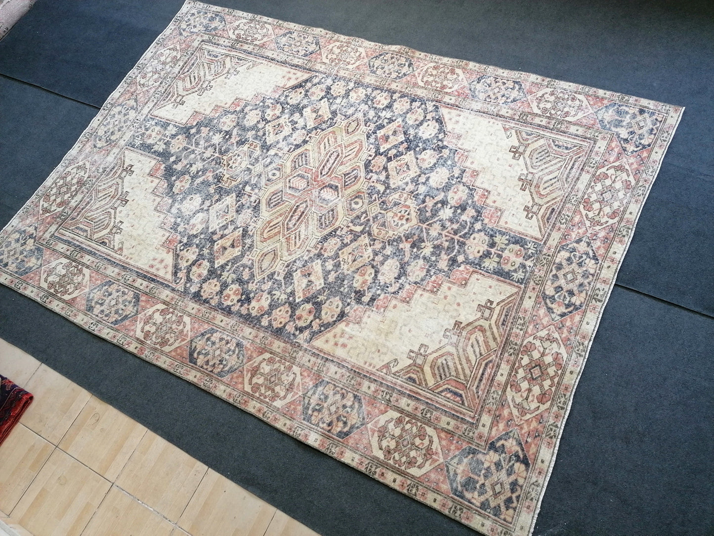9'7x7 blue oushak rug,vintage runner rug wool hand made rugs vintage blue rug