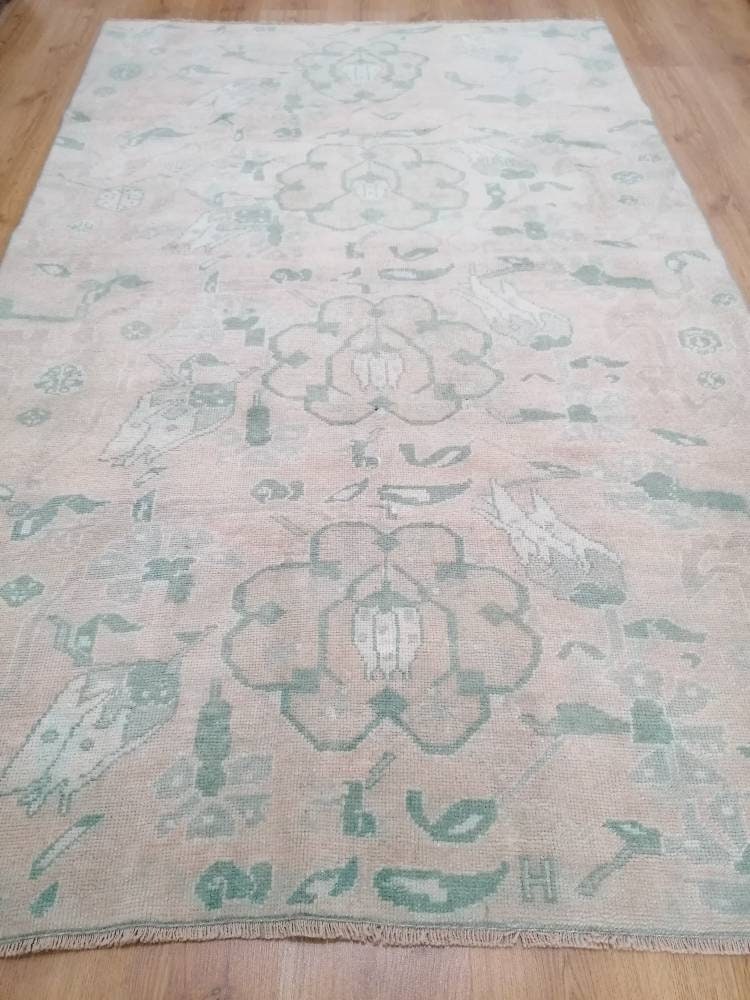 Vintage rug, green oushak rug 4'6x7'2 living room rug