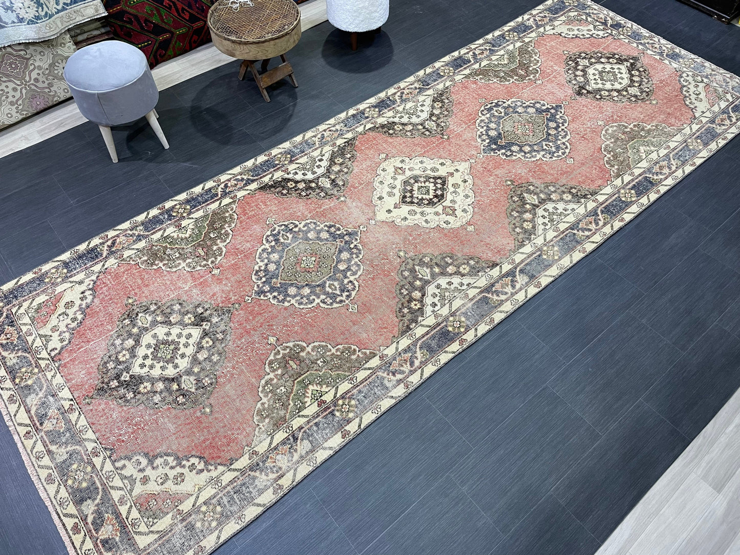 Wool Hand Knotted Runner Rug, Turkish 4.6 x 12.4 Runner Rug, Vintage Runner Rug, Hallway Runner Rug Kitchen Runner Rug, Oushak Runner Rug