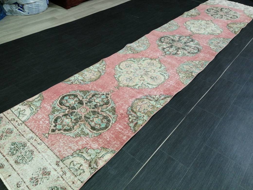 Muted Vintage Runner Rug 2.6 x 12.7 Hallway Runner Rug Kitchen Runner Rug Wool Runner Rug Oushak Runner Rug Turkish Floral Runner Rug