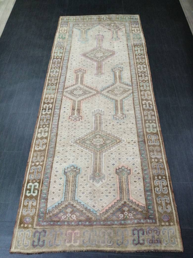 Vintage OUSHAK RUG 4.4 x 11 Vintage Rug Vintage Muted Rug Muted Wool Neutral Rug Hand Made Rugs Vintage Turkish Rug Kars Rug Oriental Rug