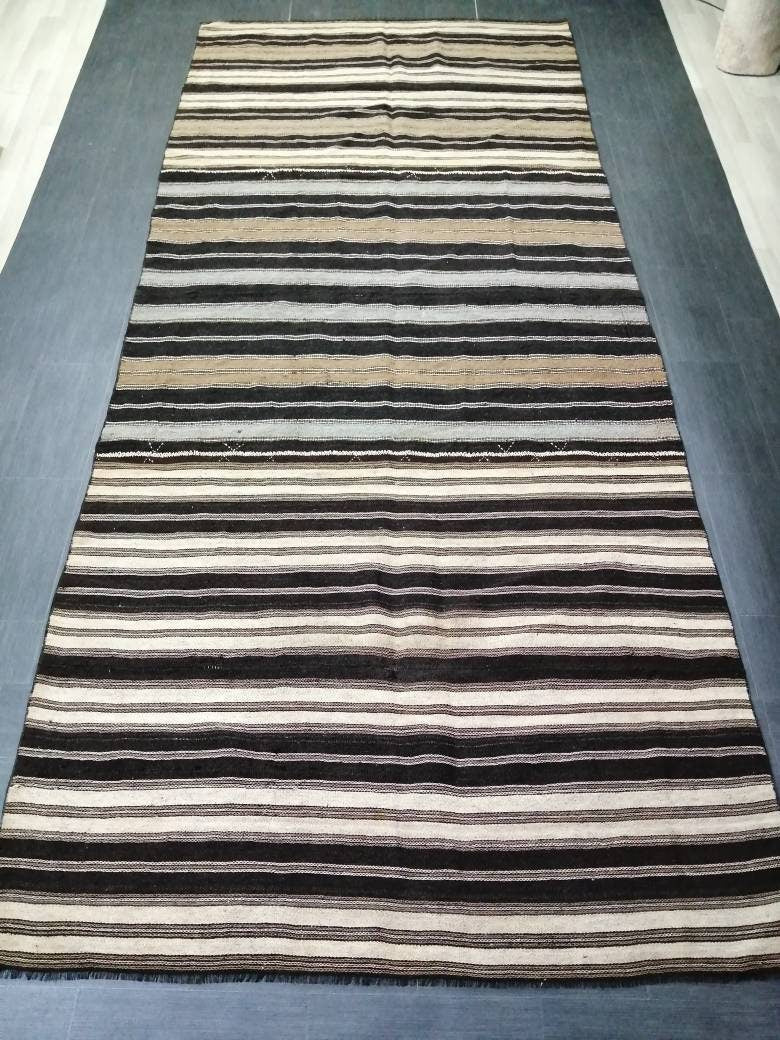 6 x 14 Neutral Oriental Flat woven Rug, No Dye Flatweave Carpet , Stripped Flatweaving, Rustic Rug, Farmhouse Rug, Dark Oushak 6x14 rug