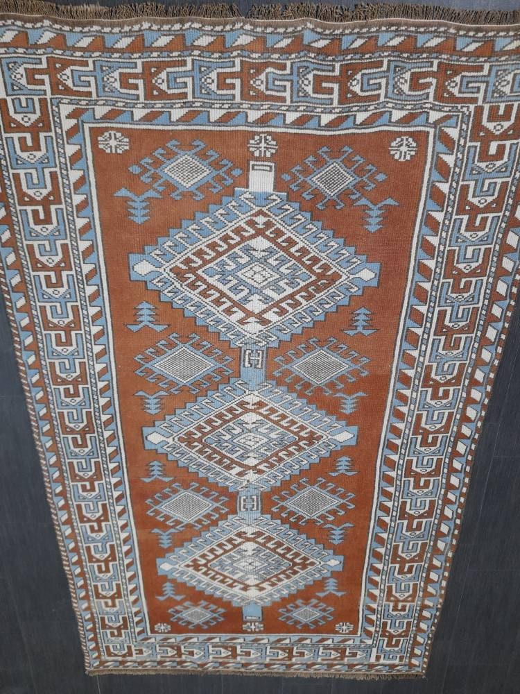 Turkish Rug 4.6 x 7.5 Vintage Oushak Rug Light Blue and Brown Vintage Rug Wool Muted Oushak Rug Hand Made Rugs Vintage Turkish Rug
