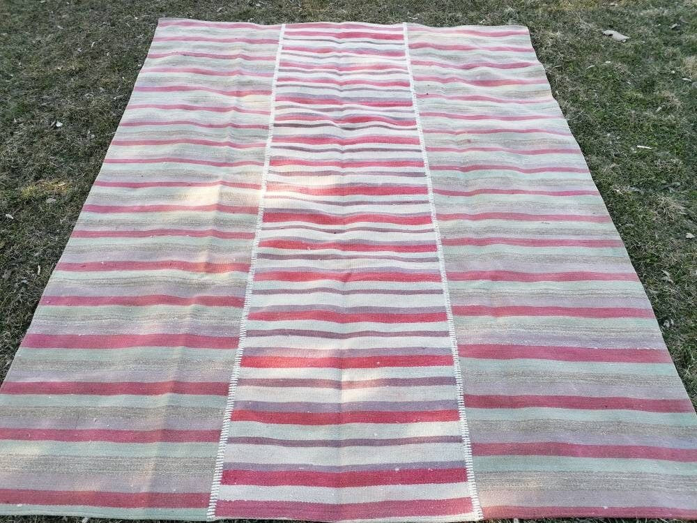 6'9x8'5 flatwoven kilim rug, stripe turkish hand made rugs vintage turkish rugs oushak rug vintage oushak rug, wool rug