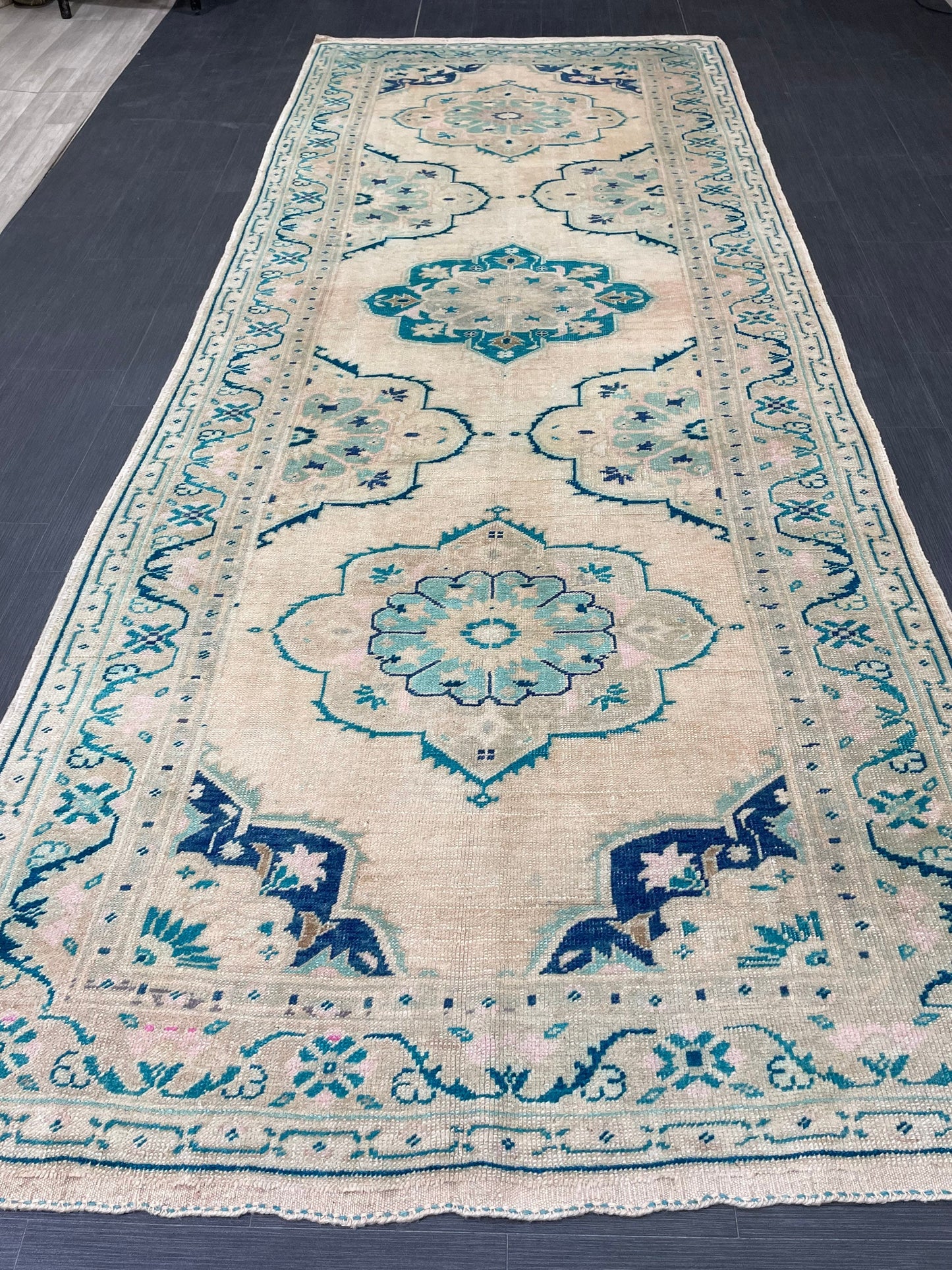Muted Hand Knotted Rugs 4.7 x 11.8 Handmade Rug, WOOL Oushak Rug Rustic Rug Runner, Turkish Rug Farmhouse Rug Vintage Rug Wool rug