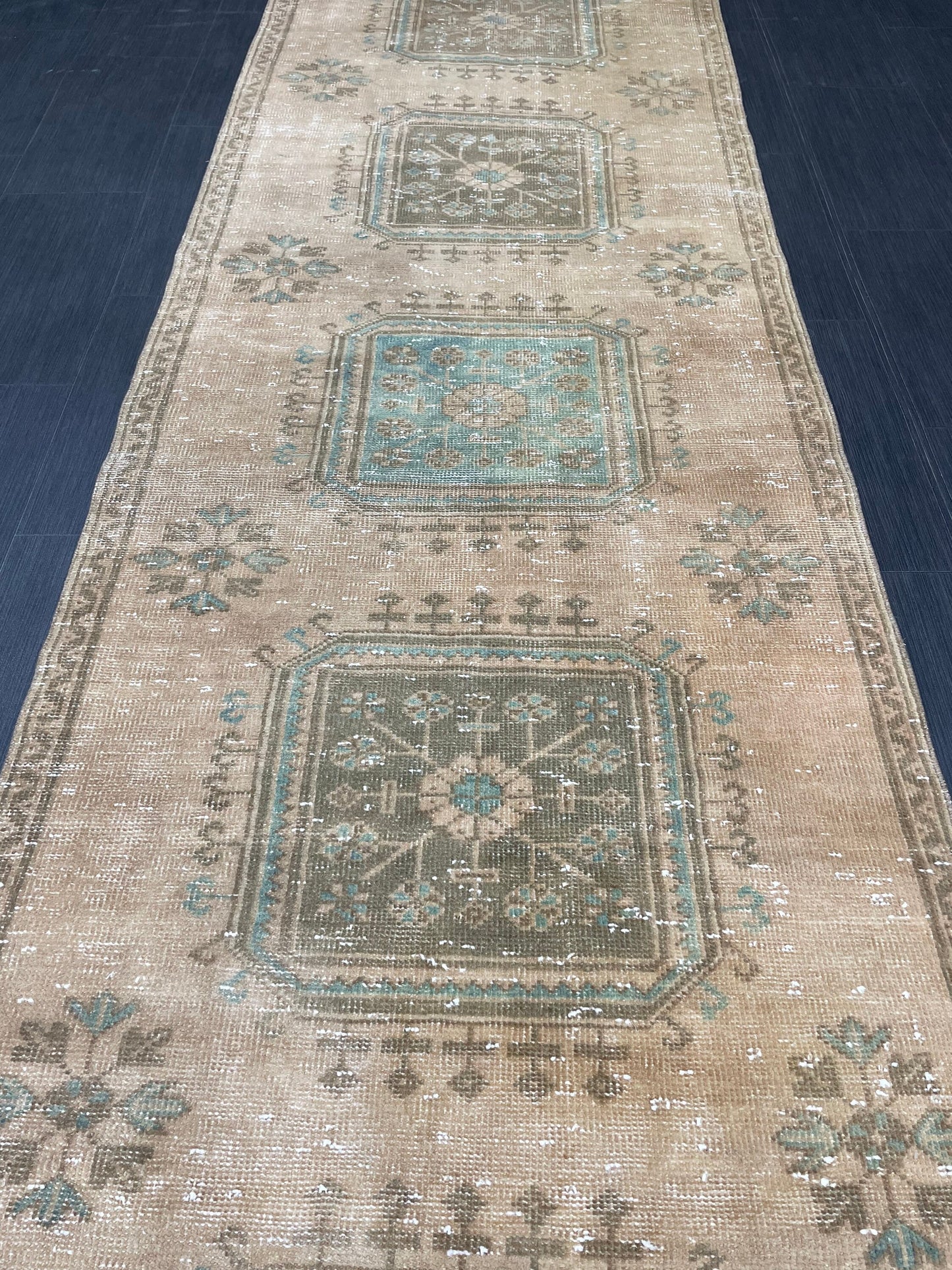 Muted Vintage Runner Rug 3.2 x 11.8 Hand Knotted Runner Rug Turkish Runner Rug Vintage Runner Rug Hallway Runner Rug Wool Kitchen Runner