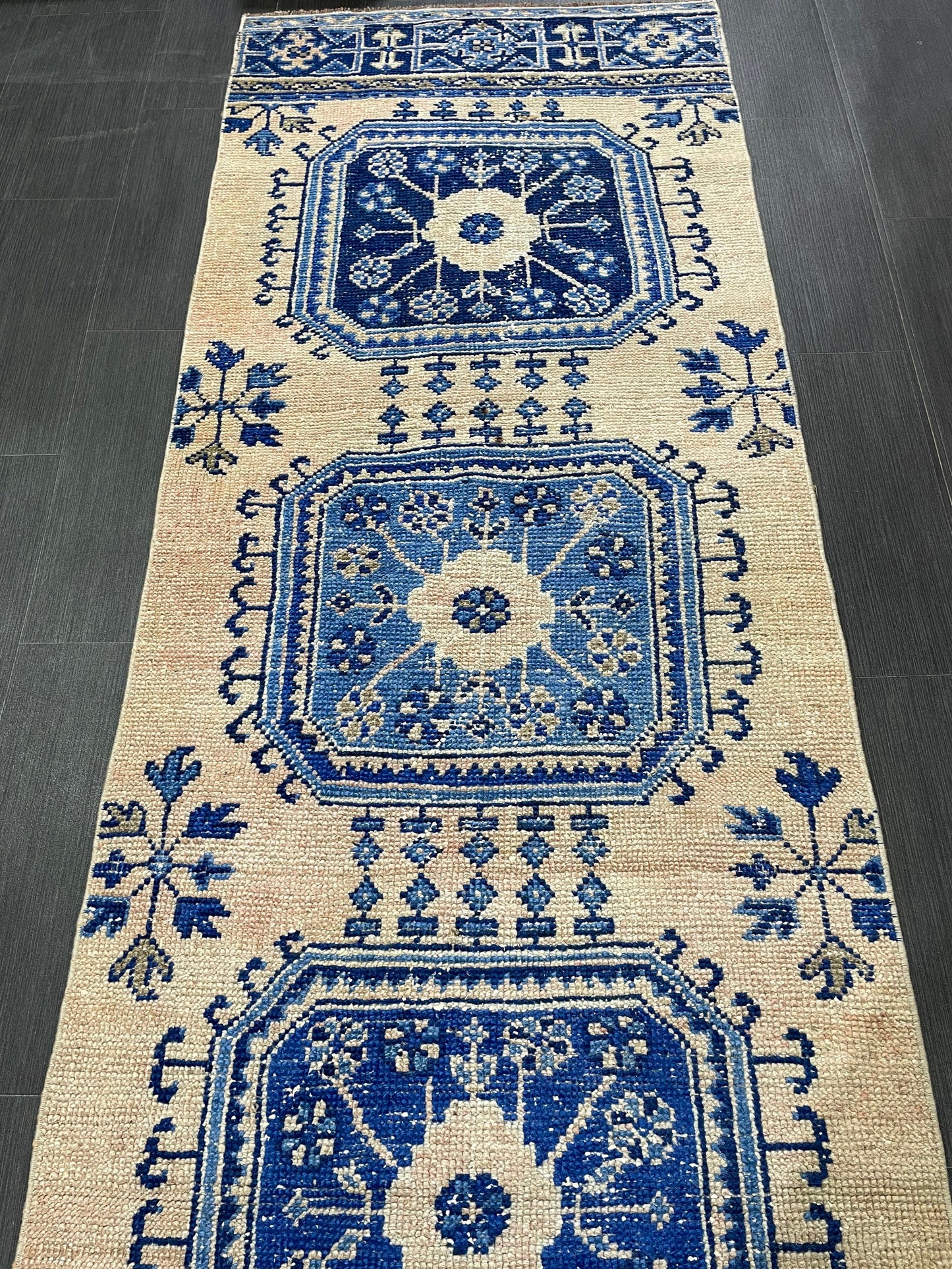 Blue and Blue Vintage Runner Rug Vintage Oushak Runner Rug 2.7 x 12 Hallway Runner Rug Turkish Kitchen Runner Antique Oriental Runner Rug
