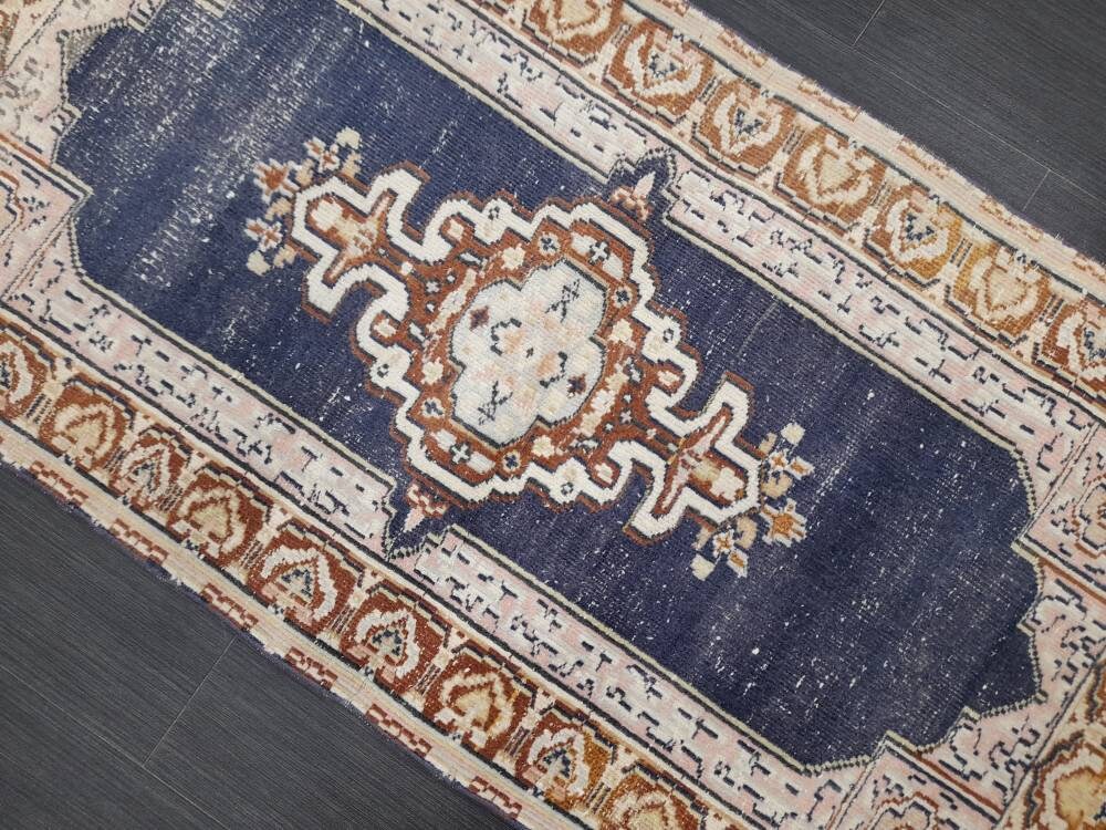 Blue Vintage Rug 2.3 x 4.4 Rug Oushak Rug, Wool Oriental Rug Hand Made Rug Persian Rug, Vintage Turkish Rug Hand Knotted Wool Rug