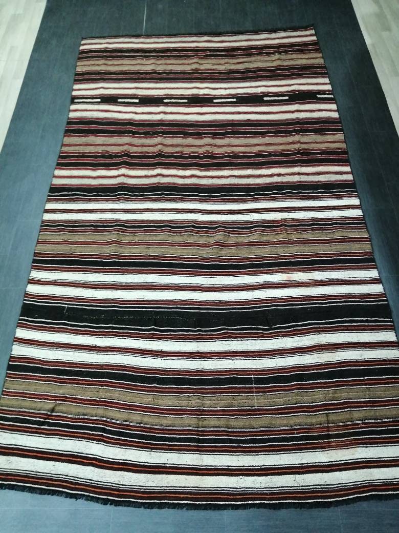 6.7 x 12 Vintage Oriental Flat woven Rug, Turkish Flatweave Carpet ,Stripe Oushak Flatweaving,Handmade Rug,Farmhouse Rug, Black rug Dark rug