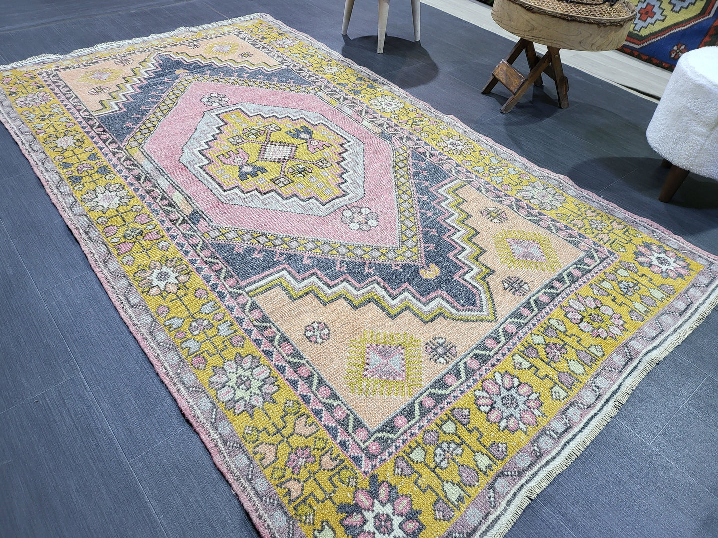 Vintage Rug, TURKISH 4.2 x 7.4 HANDMADE Rug, Vintage Turkish Rug, Oushak Rug, Turkish Oushak Rug, Vintage Handknotted Rug, Wool Rug
