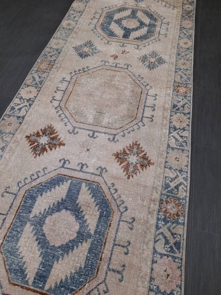Muted Turkish Runner Rug 3.8 x 13 Oushak Runner Rug Vintage Runner Rug Hallway Runner Kitchen Runner Rug Wool Runner Rug Oriental Runner