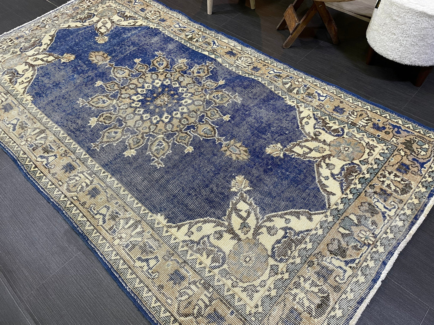 Turkish Rug, Blue Oushak Rug, Hand Knotted 5x7 Rug, Wool Distressed Rug, Persian Rugs, Antique Rug, Vintage Rug, Handmade Rug