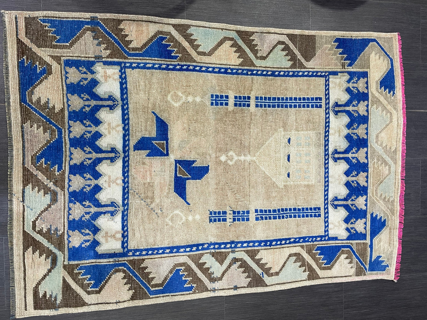 Muted Rugs, Handmade 3.3 x 5 Rug, Blue Oushak Rug, Rustic Rug, Hand Knotted Turkish Rug, Farmhouse Rug, Vintage Rug, Wool rug