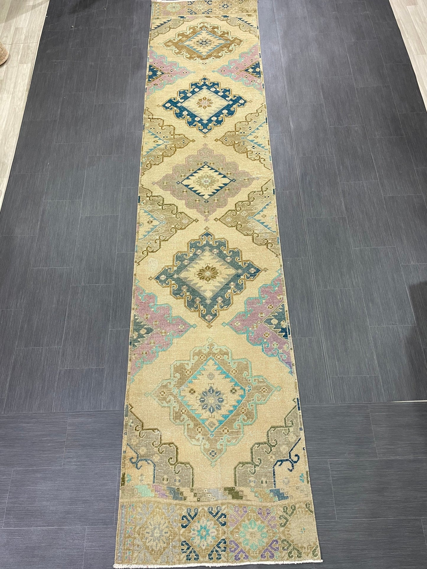 Hand Knotted Vintage Runner Rug 2.9 x 13.3 ft Muted Turkish runner rug Oushak Runner Hallway Rug runner Hand Knotted Star Runner Rug