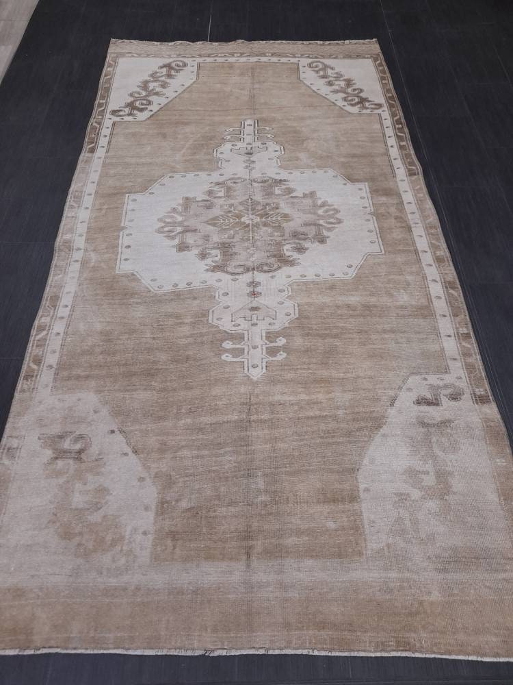 Neutral VINTAGE RUG 4.6 X 10 TURKISH Neutral Fiber Rug Natural Wool Antique Rug Distressed Vintage Rug Dye Free Rug Hand Made Rug Kars Rug