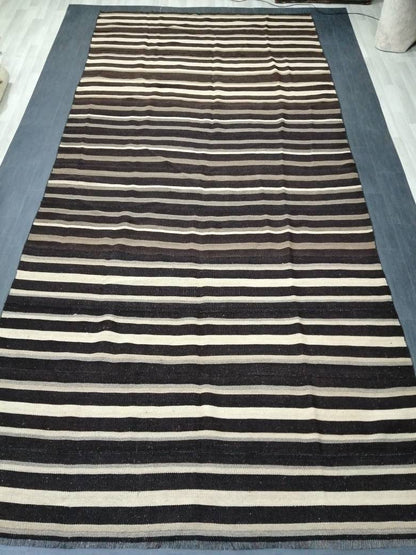 7 x 15.3 Neutral Oriental Flat woven Rug, No Dye Flatweave Carpet , Stripped Flatweaving, Rustic Rug, Farmhouse Rug, Dark Oushak 7x15 rug
