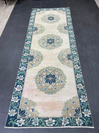 Green Turkish Runner Rug 4 x 11.3 Muted Vintage Runner Persian Hallway Runner Rug Kitchen Runner Rug Oriental Runner Muted  RUNNER