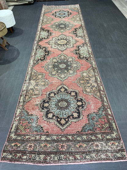 Hand Knotted Runner Rug, Vintage 3.4 x 12.7 Runner Rug, Oushak Runner Rug, Turkish Runner Rug Kitchen Runner Rug Wool Runner