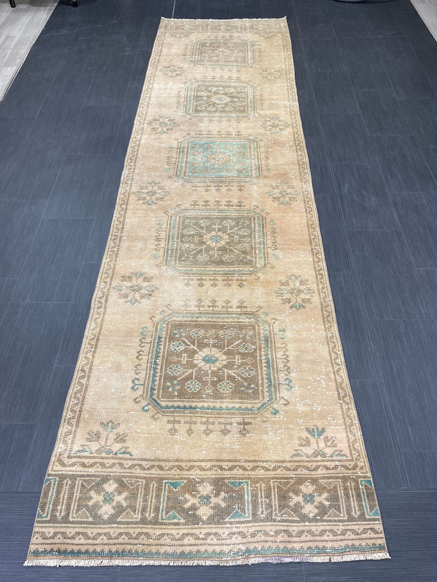 Muted Vintage Runner Rug 3.2 x 11.8 Hand Knotted Runner Rug Turkish Runner Rug Vintage Runner Rug Hallway Runner Rug Wool Kitchen Runner