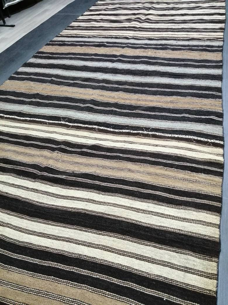 6 x 14 Neutral Oriental Flat woven Rug, No Dye Flatweave Carpet , Stripped Flatweaving, Rustic Rug, Farmhouse Rug, Dark Oushak 6x14 rug