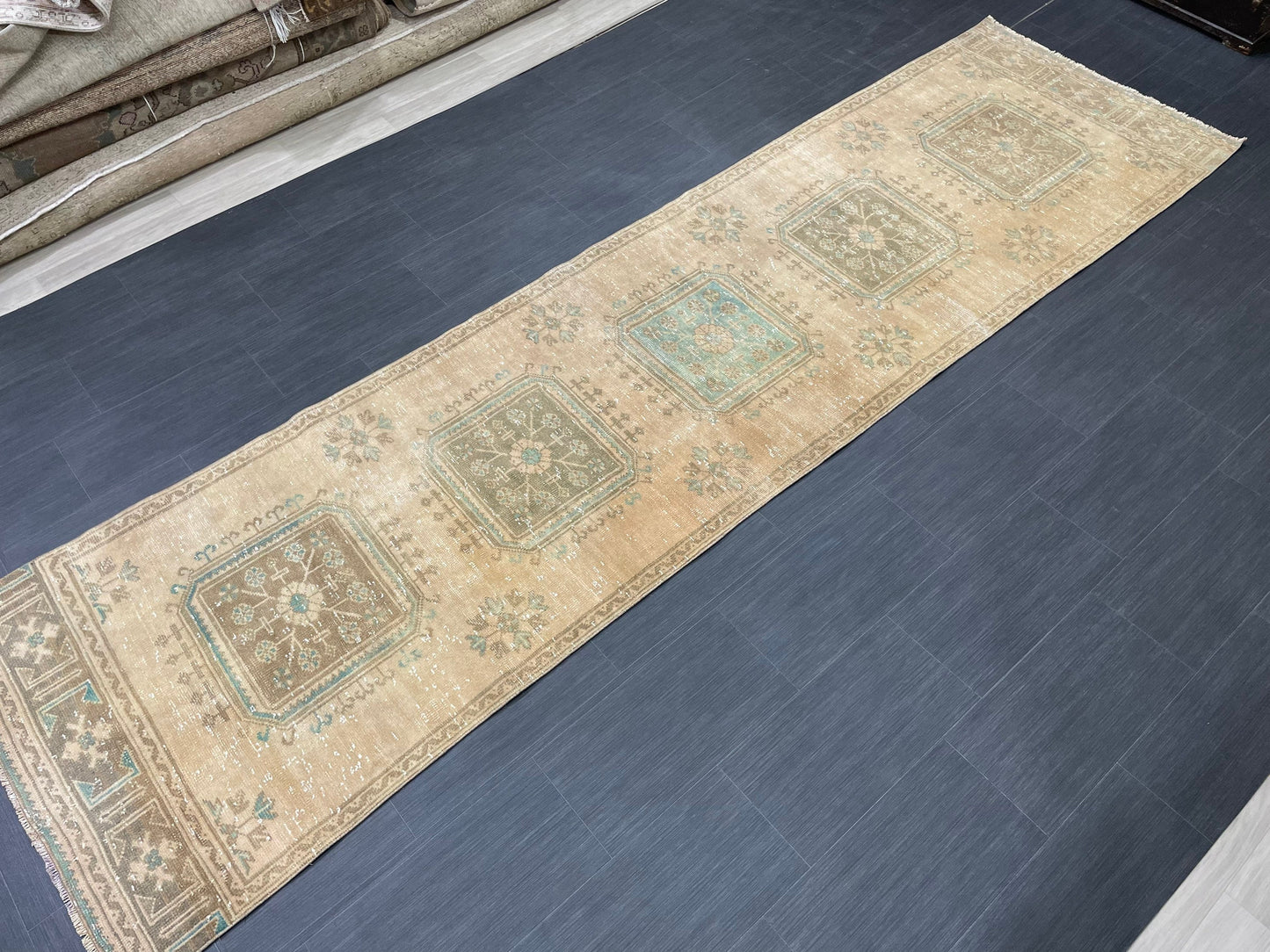 Muted Vintage Runner Rug 3.2 x 11.8 Hand Knotted Runner Rug Turkish Runner Rug Vintage Runner Rug Hallway Runner Rug Wool Kitchen Runner