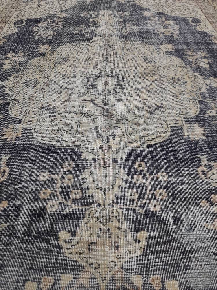 TURKISH HAND Knotted Rug 6.5 x 8 Vintage Turkish Rug Oushak Rug Traditional Rug Oriental Blue Rug Muted Vintage Floral Rug Elegant Wool Rug