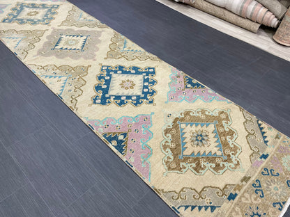Hand Knotted Vintage Runner Rug 2.9 x 13.3 ft Muted Turkish runner rug Oushak Runner Hallway Rug runner Hand Knotted Star Runner Rug
