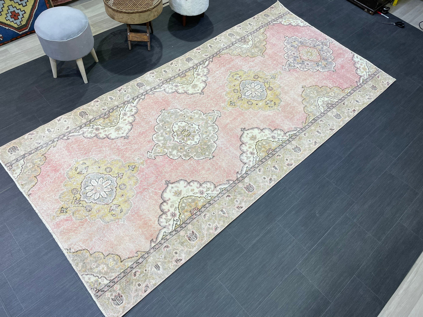 Vintage Runner Rug, Pink Hallway Runner 4.6 x 9.2 Rug, Kitchen Runner Rug, Wool Runner Rug Muted Oushak Rug Pretty Turkish Runner