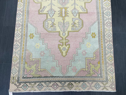 Muted Vintage RUG 4x9 TURKISH Rug Oriental Rug Vintage Oushak Rug Vintage Persian Wool Rug Handmade Rug Vintage Turkish Rug Discounted Rugs