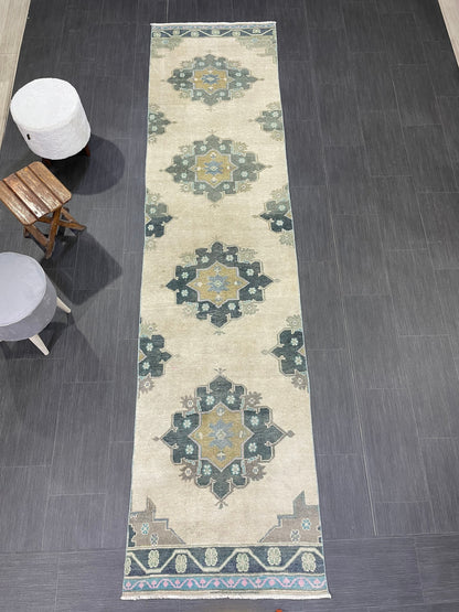 Muted Handmade Runner Rug Turkish Runner 2.7 x 11 Rug Vintage Runner Rug Hallway Runner Rug Kitchen Runner Rug Green Hand Knotted Runner