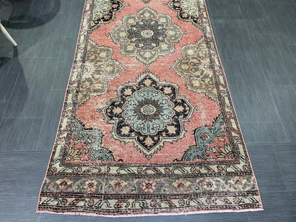 Hand Knotted Runner Rug, Vintage 3.4 x 12.7 Runner Rug, Oushak Runner Rug, Turkish Runner Rug Kitchen Runner Rug Wool Runner