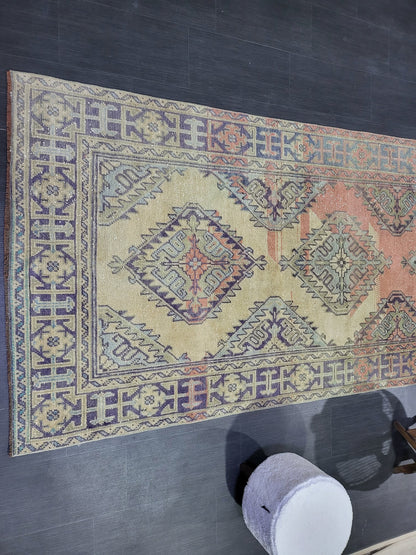 Hand Knotted Runner Rug, Turkish 4.4 x 11.10 Runner Rug, Vintage Runner Rug, Hallway Runner Rug, Persian Runner Rug Wool Runner Rug