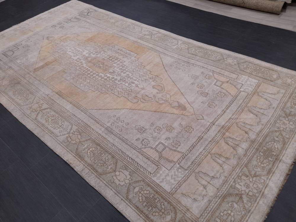 Vintage Rug Muted OUSHAK RUG 5.3 x 10.4 TURKISH Rug Modern Oushak Rug Vintage Rug Wool Rug Hand Made Rugs Vintage Turkish Rug