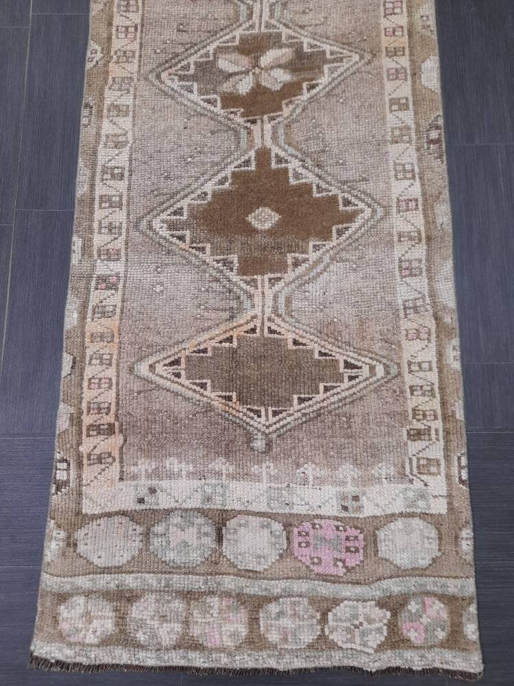 Neutral Vintage Runner Rug 2.6 x 13.4 Muted Turkish Runner Rug Oriental Runner Rug Hallway Runner Rug Kitchen Runner Rug XL Persian Runner