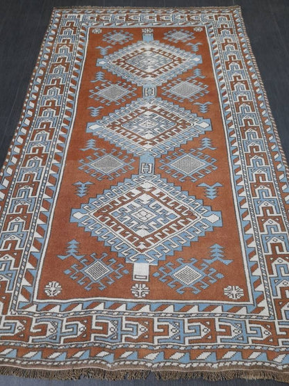 Turkish Rug 4.6 x 7.5 Vintage Oushak Rug Light Blue and Brown Vintage Rug Wool Muted Oushak Rug Hand Made Rugs Vintage Turkish Rug