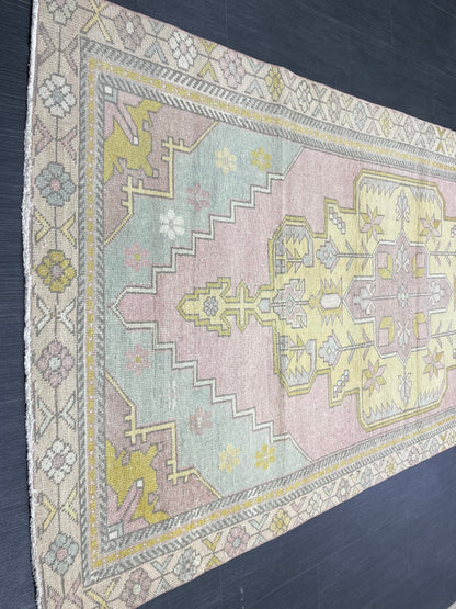 Muted Vintage RUG 4x9 TURKISH Rug Oriental Rug Vintage Oushak Rug Vintage Persian Wool Rug Handmade Rug Vintage Turkish Rug Discounted Rugs
