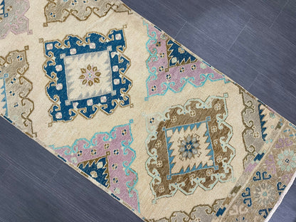 Hand Knotted Vintage Runner Rug 2.9 x 13.3 ft Muted Turkish runner rug Oushak Runner Hallway Rug runner Hand Knotted Star Runner Rug