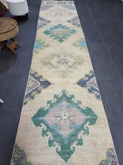 Antique Handmade Runner RUG, TURKISH Oushak 2.10 x 12.7 Rug, Vintage Runner Rug,Vintage Runner Rug Wool Oushak Rug Hand Knotted Rug