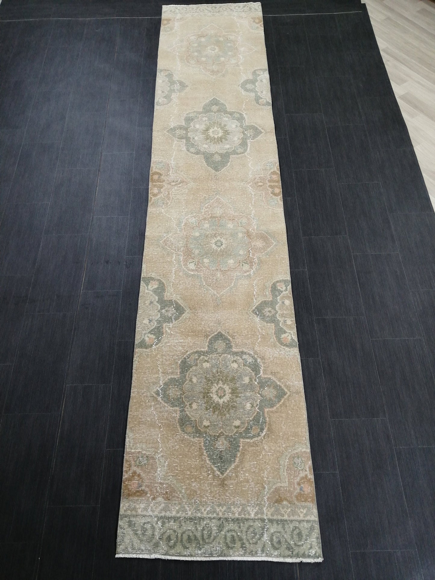 Muted Vintage Runner Rug 2.5 x 12.5 Hallway Runner Rug  Kitchen Runner Rug Wool Runner Rug Oushak Runner Rug Turkish Runner Rug