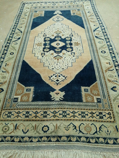 4.4 X 9.8 Vintage RUG Navy Blue TURKISH Oushak Rug Vintage Oushak Runner Rug  Wool Oushak Rug Hand Made Rugs  Turkish Rug