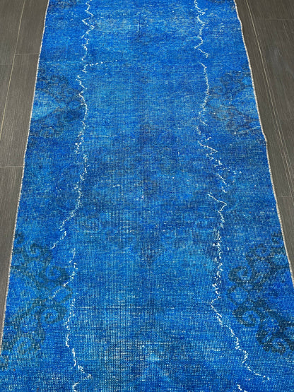 Blue Oushak Runner Rug 2.6 x 11.6 Turkish Runner Rug  Overdye Vintage Runner Rug Hallway Runner Kitchen Runner Rug Wool Staircase Runner Rug