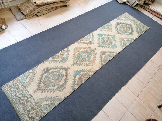 Muted soft colors runner 12'x2'8 runner rug,turkish runner rug,turkish vintage runner rug,hallway runner rug,kitchen runner rug