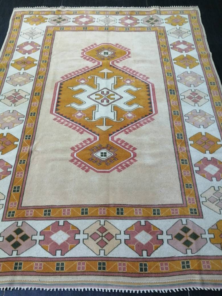 Muted Vintage Turkish Hand Made Rug, 6.5 x 8.8 Oushak Rug, Muted Rug, Vintage Persian Rug, Oriental Rug, Vintage Rug,Soft Wool Rug