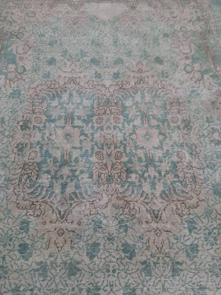 TURKISH HAND MADE Rug 5.6 x 9.2 Vintage Turkish Rug Oushak Rug Traditional Rug Oriental Green Rug Muted Vintage Floral Rug Elegant Wool Rug