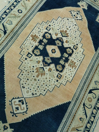 4.4 X 9.8 Vintage RUG Navy Blue TURKISH Oushak Rug Vintage Oushak Runner Rug  Wool Oushak Rug Hand Made Rugs  Turkish Rug