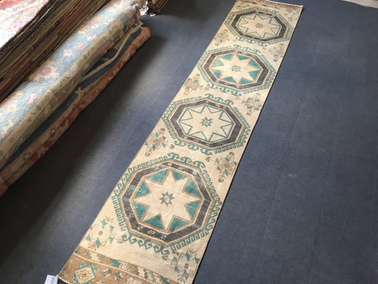 3x12 feet vintage runner rug, handmade faded color runner, wool runner, entryway floor runner