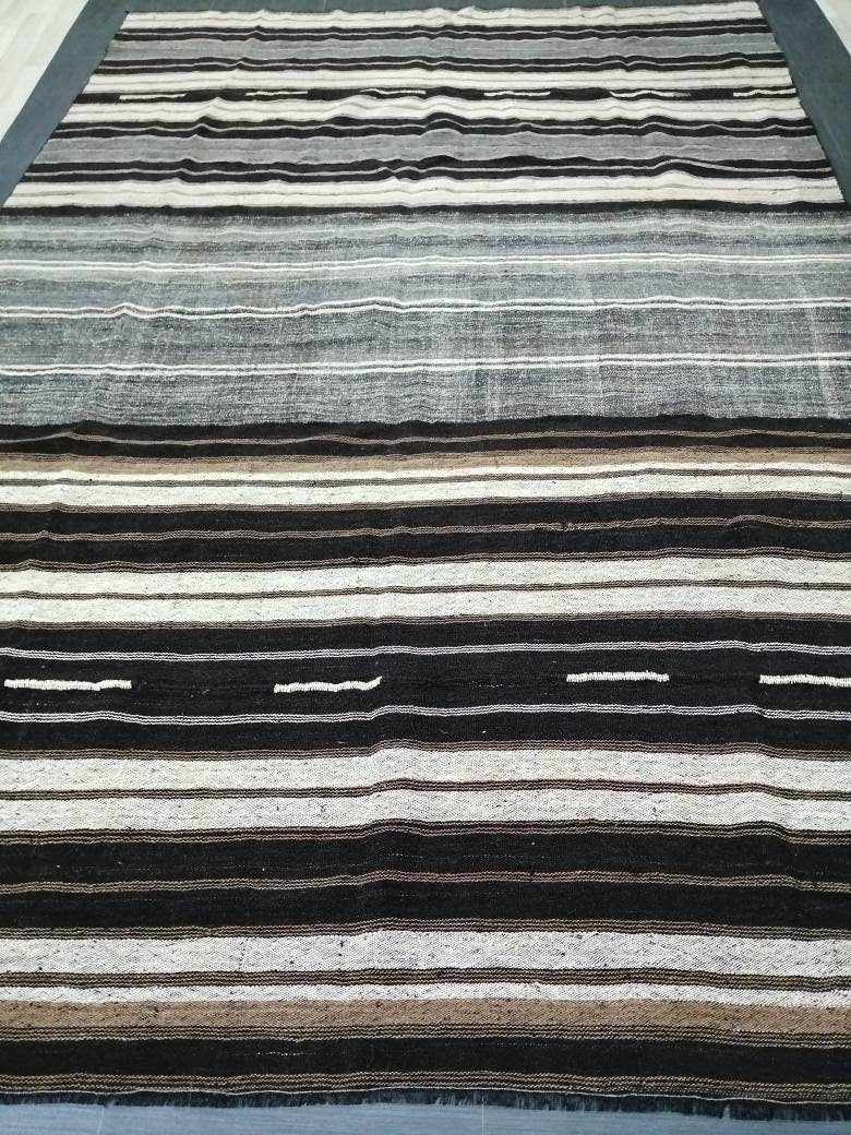 8 x 12.2 Neutral Turkish Flat woven Rug, No Dye Flatweave Carpet , Stripped Flatweaving, Rustic Rug, Farmhouse Rug, Dark Oushak 8x12 rug