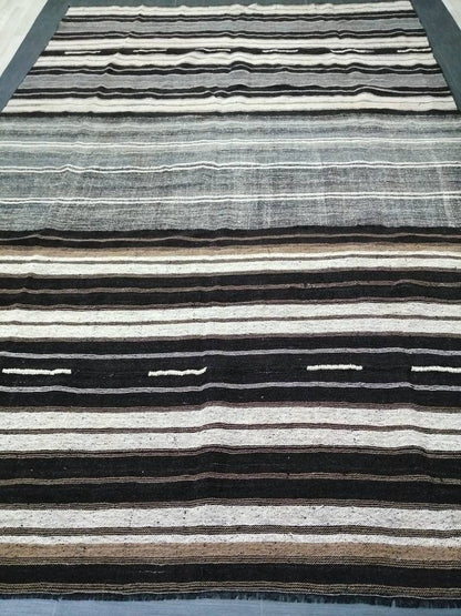 8 x 12.2 Neutral Turkish Flat woven Rug, No Dye Flatweave Carpet , Stripped Flatweaving, Rustic Rug, Farmhouse Rug, Dark Oushak 8x12 rug
